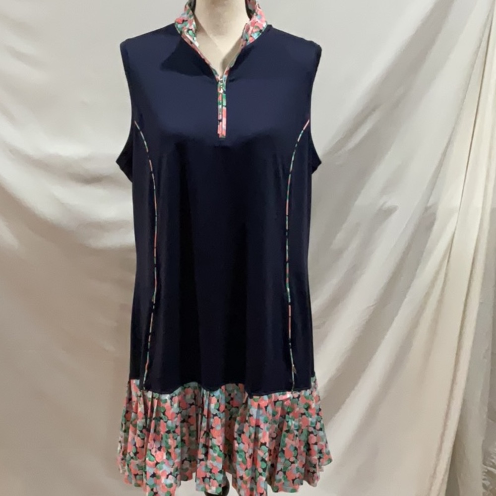 Pebble Beach Navy Dress with Pink & Green Floral Trim (Bin 6)